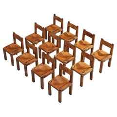 Pierre Chapo Set of Twelve Dining Chairs 'S11' in Elm and Cognac Leather