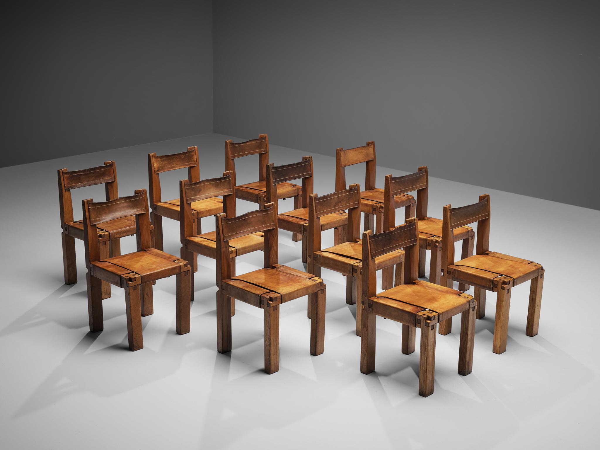 French Pierre Chapo Set of Twelve 'S11' Chairs in Cognac Leather