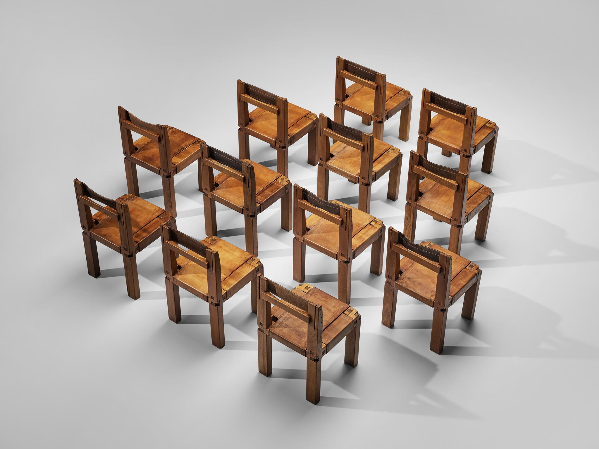 Pierre Chapo Set of Twelve 'S11' Chairs in Cognac Leather 1