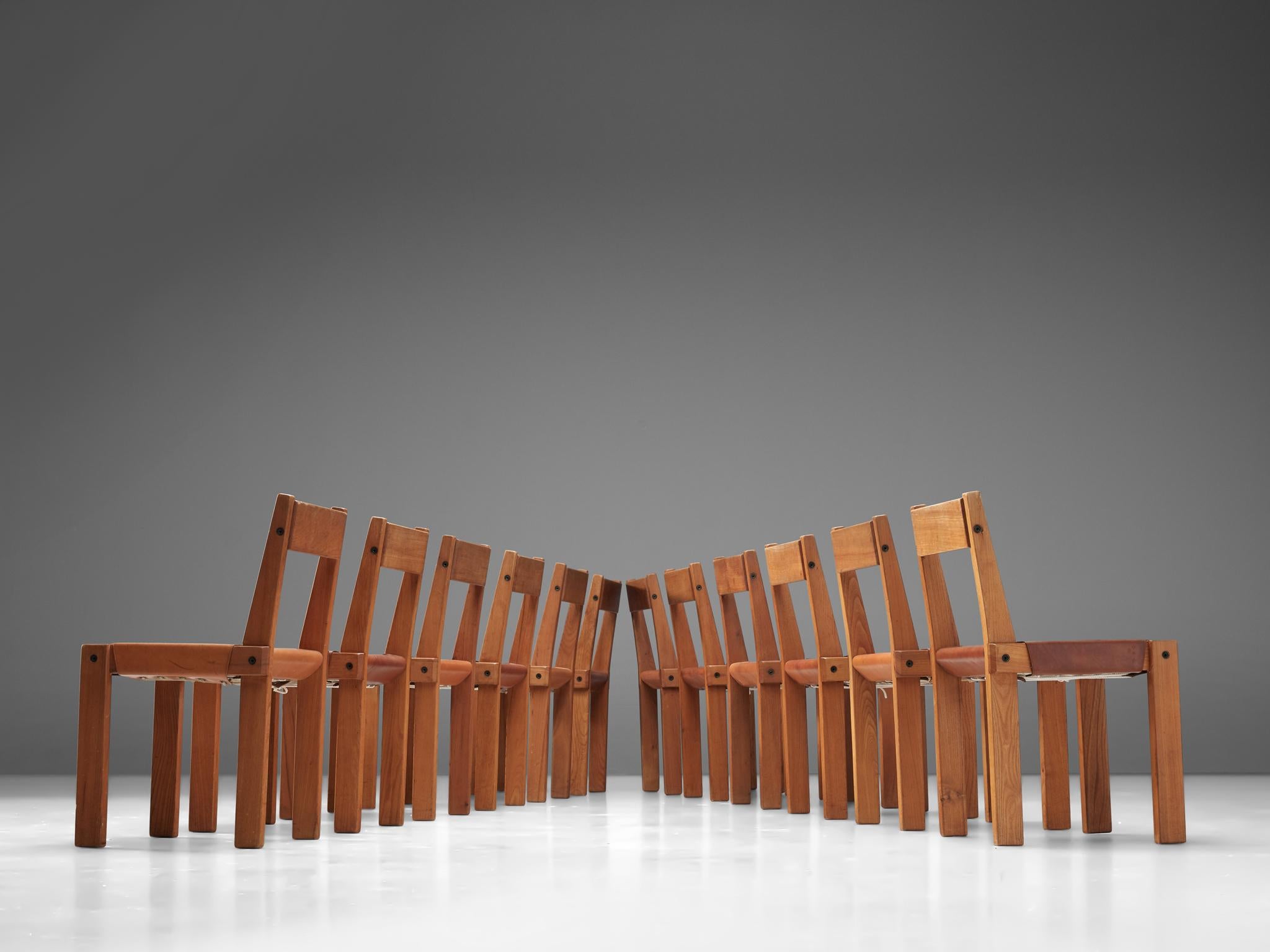 Mid-Century Modern Pierre Chapo Set of Twelve 'S24' Chairs in Solid Elm and Cognac Leather
