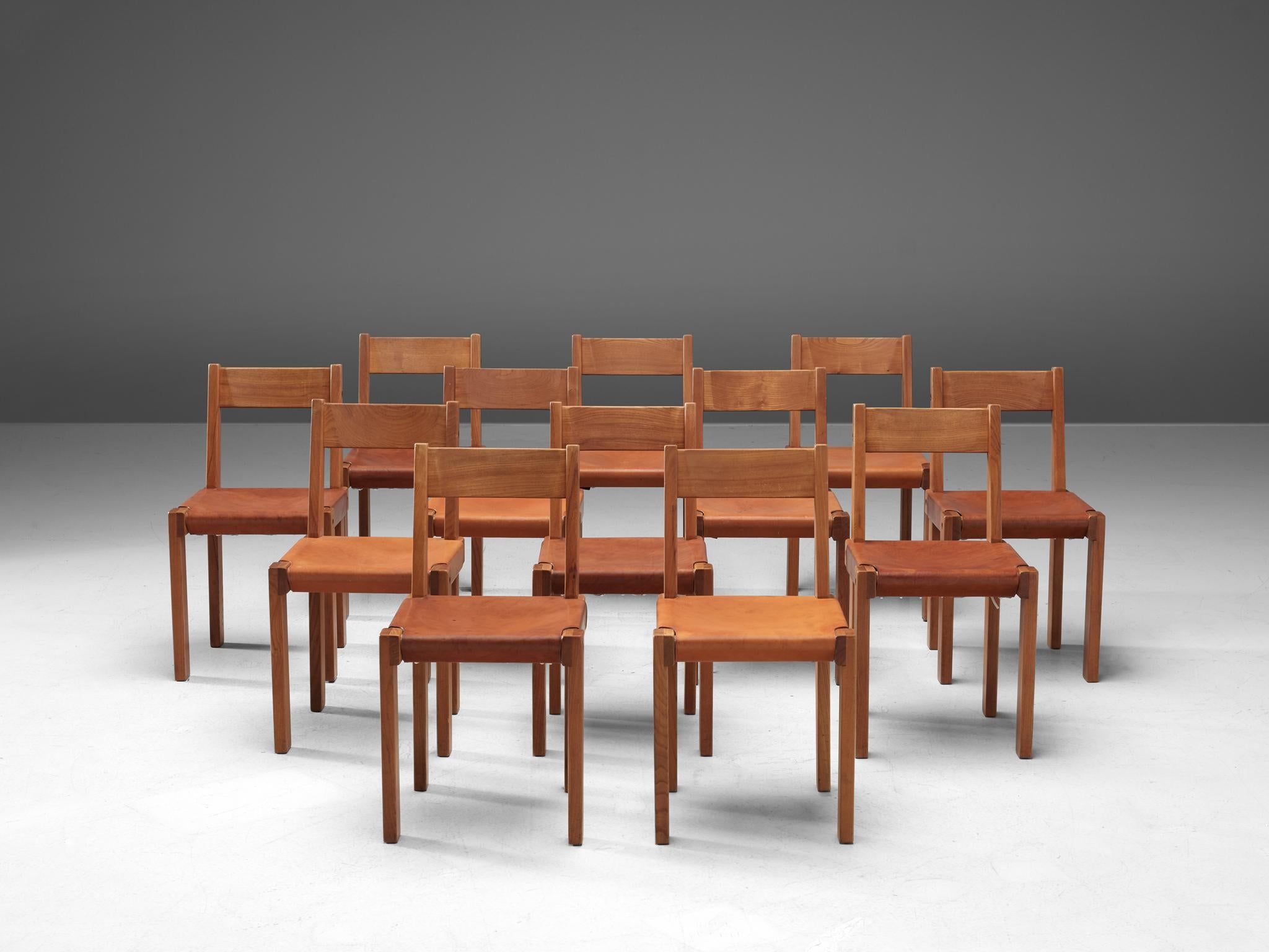 French Pierre Chapo Set of Twelve 'S24' Chairs in Solid Elm and Cognac Leather