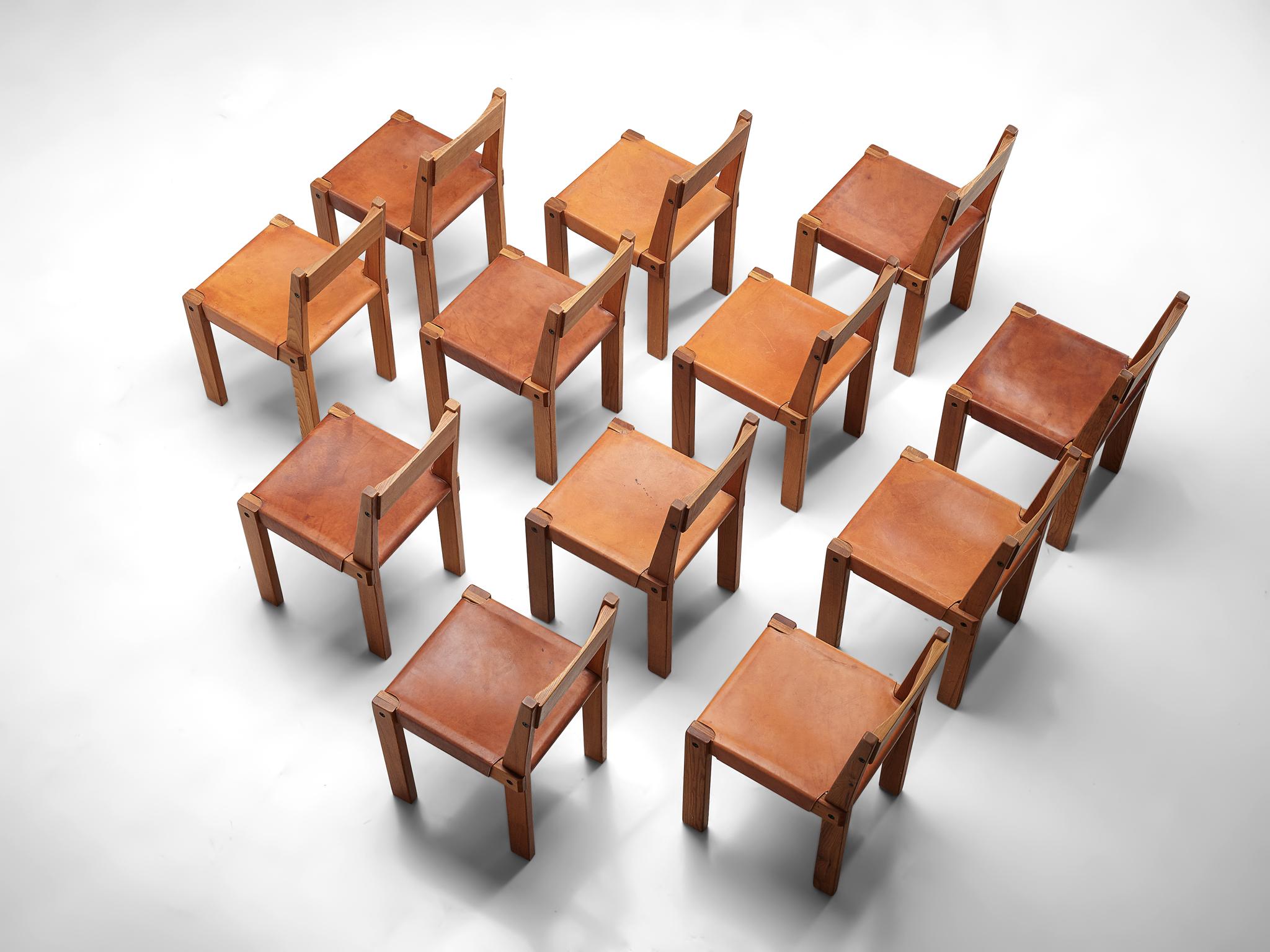 Pierre Chapo Set of Twelve 'S24' Chairs in Solid Elm and Cognac Leather In Good Condition In Waalwijk, NL