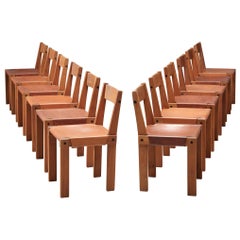 Pierre Chapo Set of Twelve 'S24' Chairs in Solid Elm and Cognac Leather