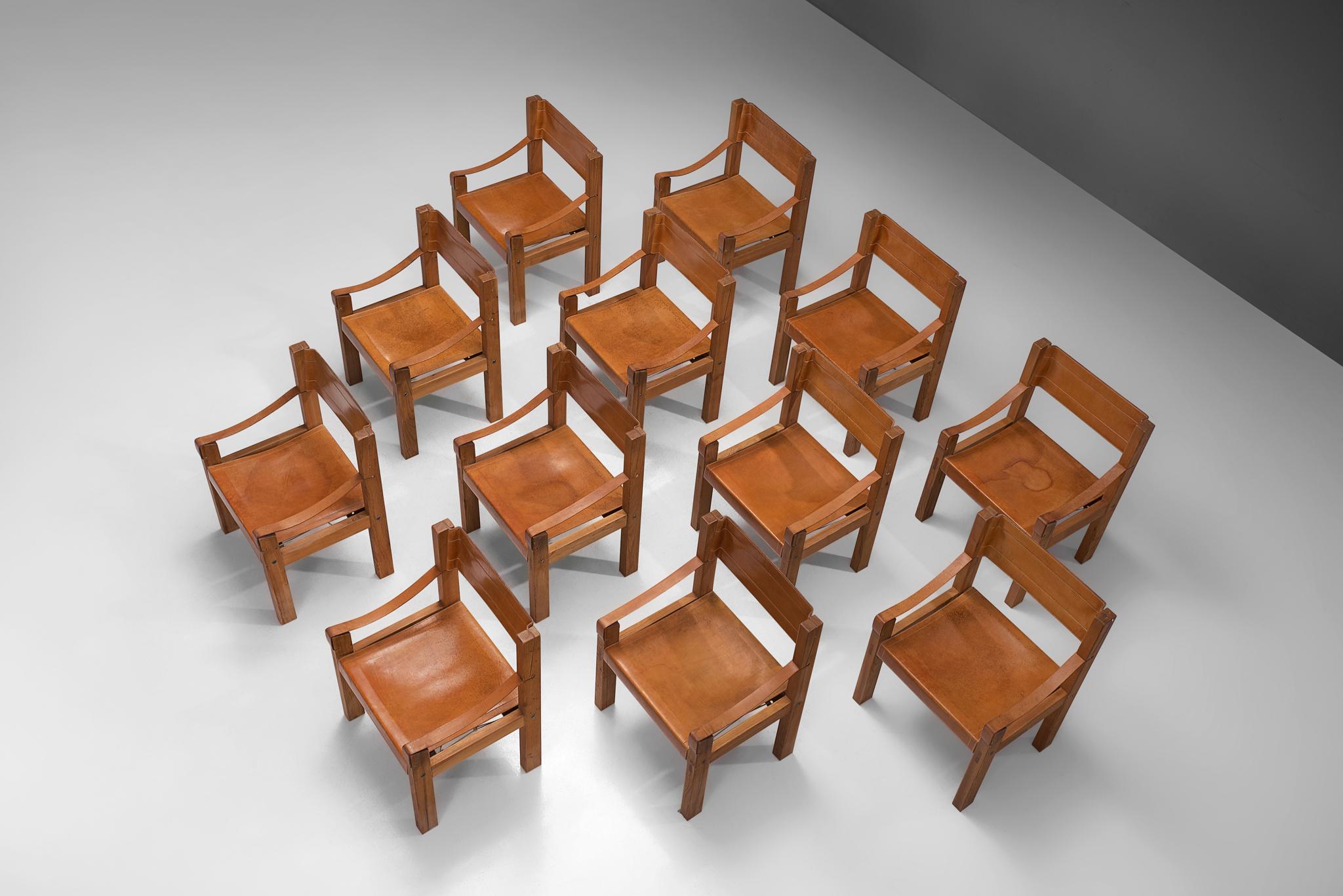 Mid-Century Modern Pierre Chapo Set of Twelve S371 Chairs in Cognac Leather