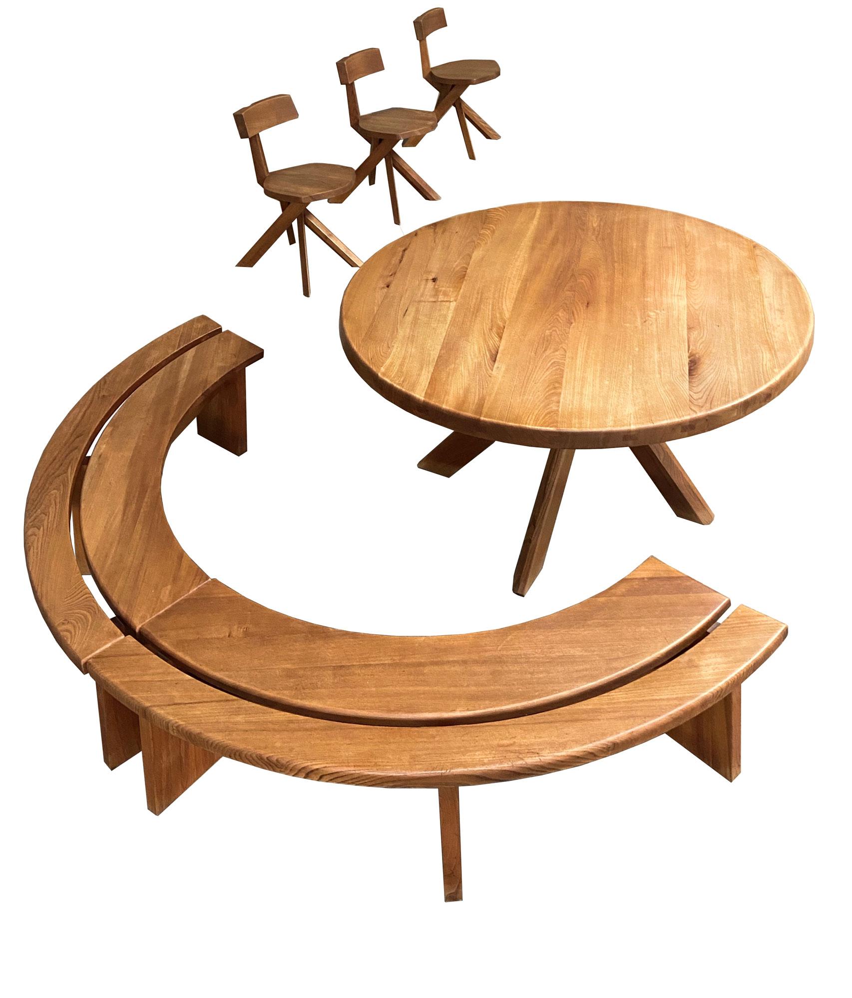 Pierre Chapo Sfax Table Set and Two Benches in Solid Elm from the 70s 5