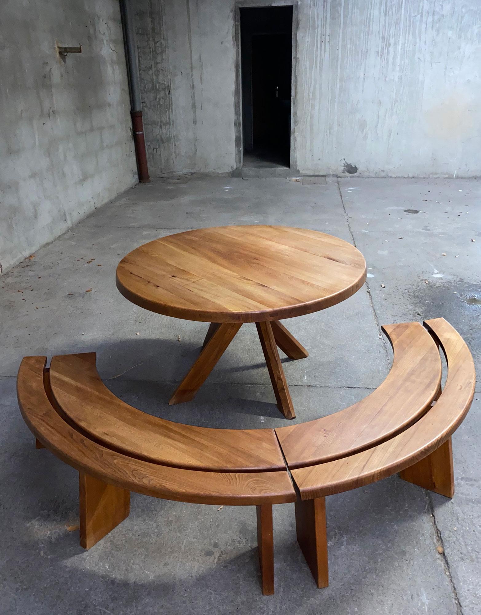 French Pierre Chapo Sfax Table Set and Two Benches in Solid Elm from the 70s