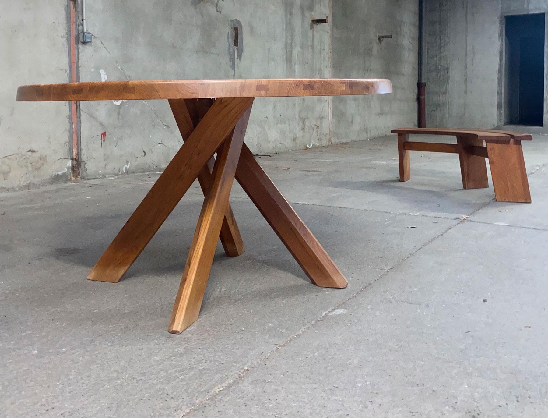 Late 20th Century Pierre Chapo Sfax Table Set and Two Benches in Solid Elm from the 70s