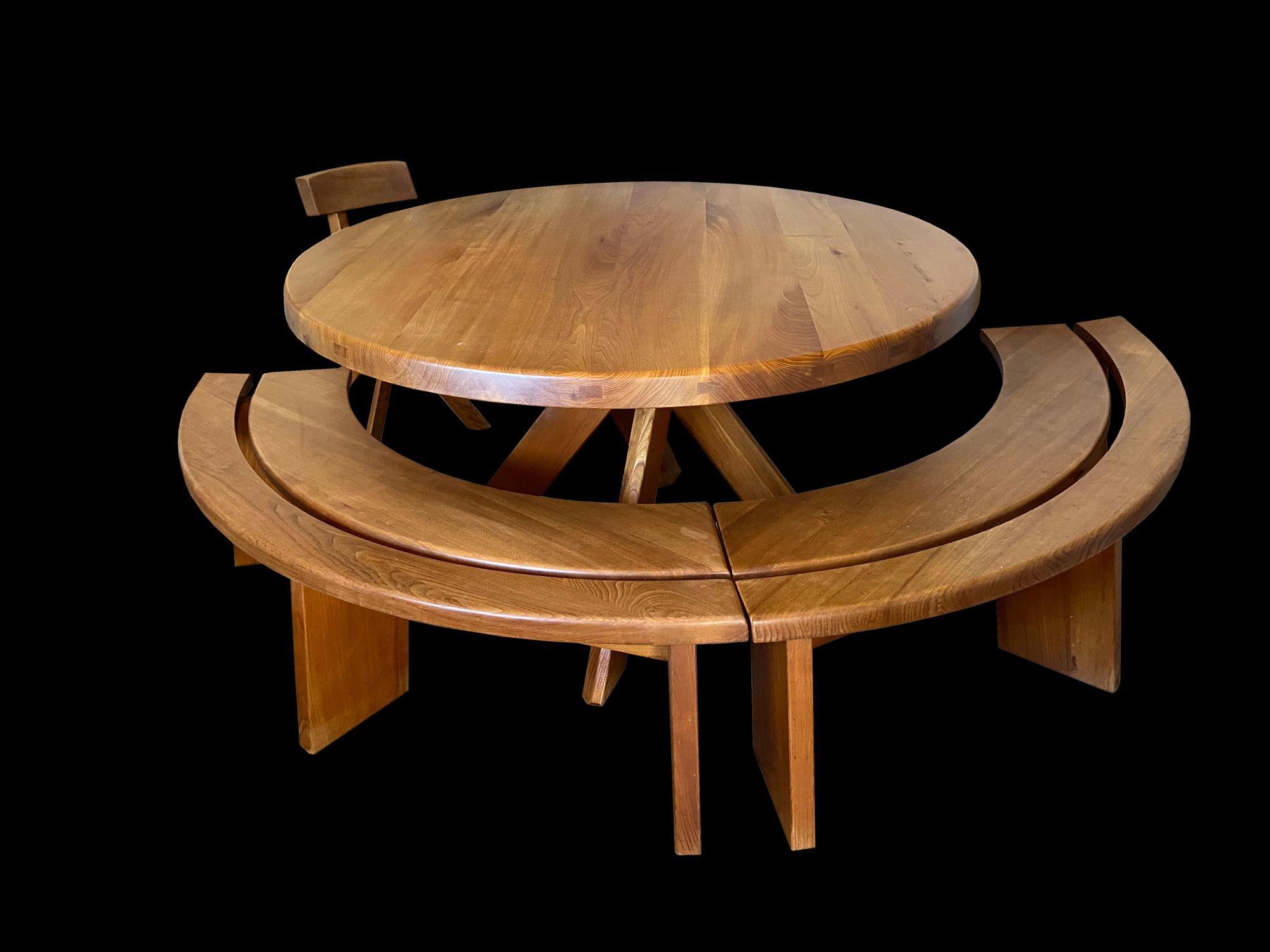Pierre Chapo Sfax Table Set and Two Benches in Solid Elm from the 70s 1