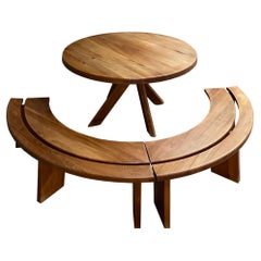 Pierre Chapo Sfax Table Set and Two Benches in Solid Elm from the 70s