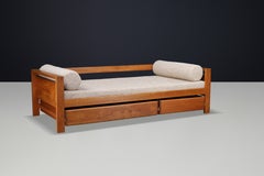 Pierre Chapo Solid Elm Daybed, Ecru Bouclé Upholstery, France, 1970s