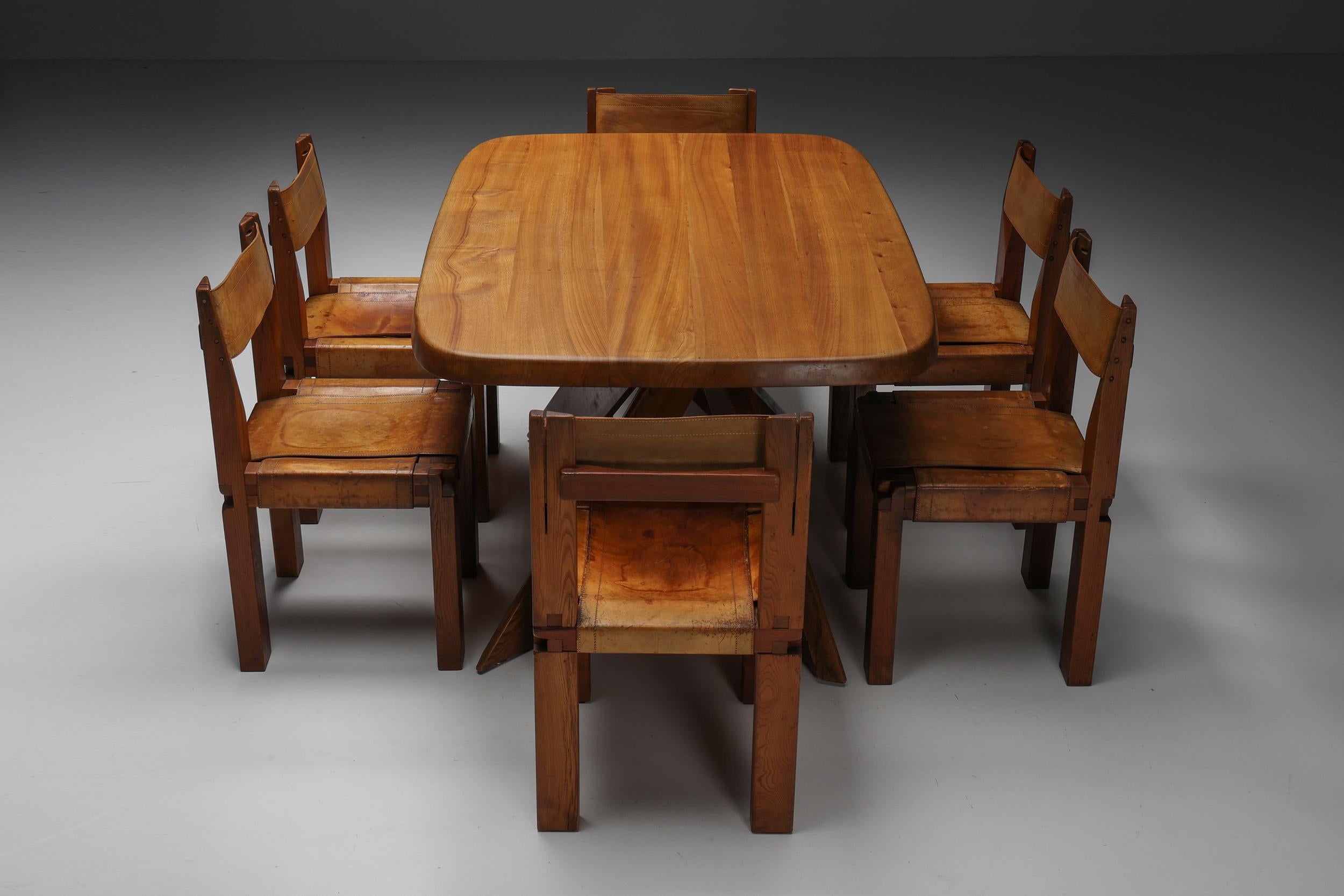 Pierre Chapo Solid Elm Dining Table Model 'T35b', Craftsmanship, France, 1960's For Sale 3