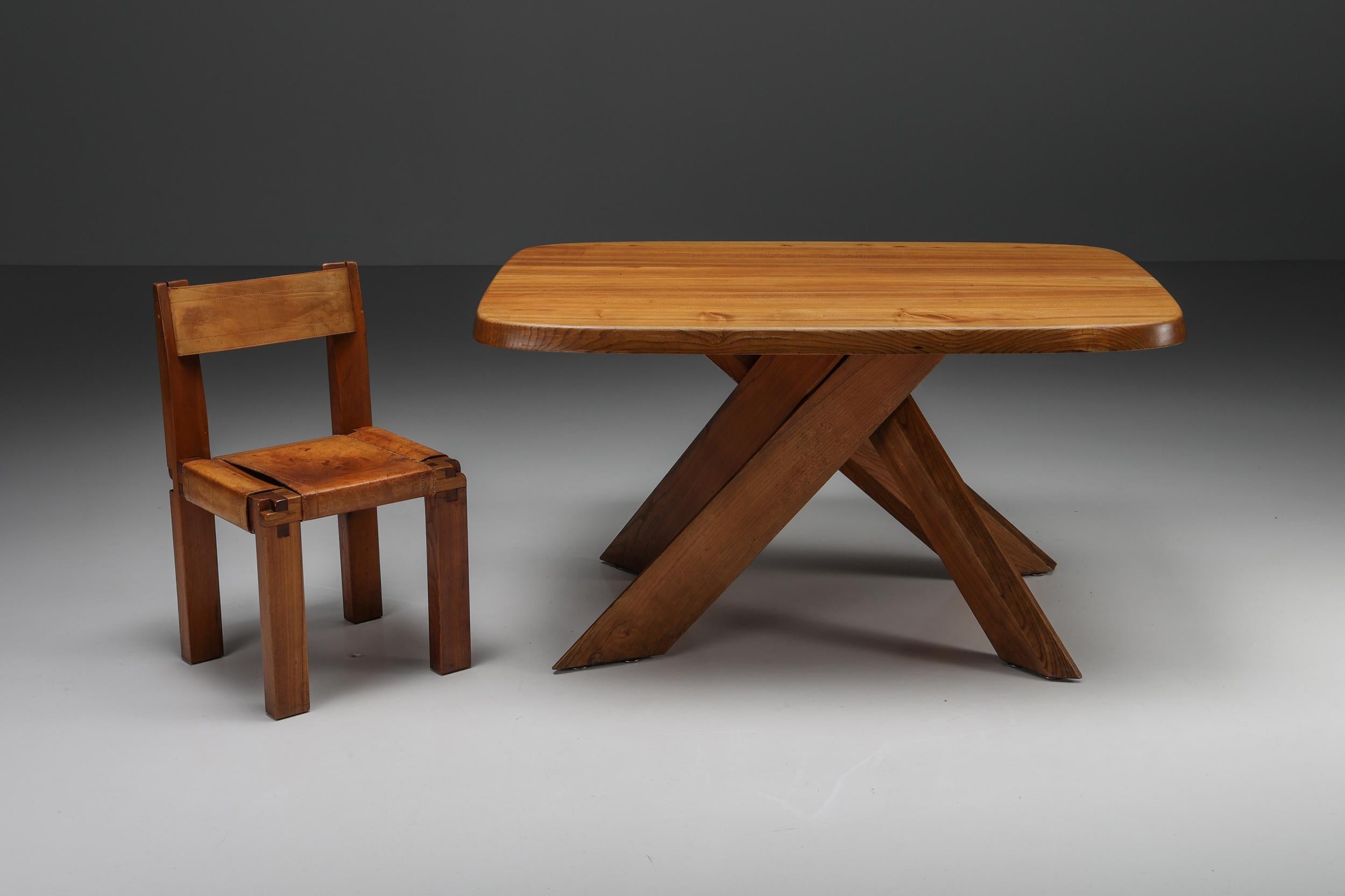 Table de salle à manger en orme massif modèle T35b de Pierre Chapo, artisanat, France, années 1960 en vente 4