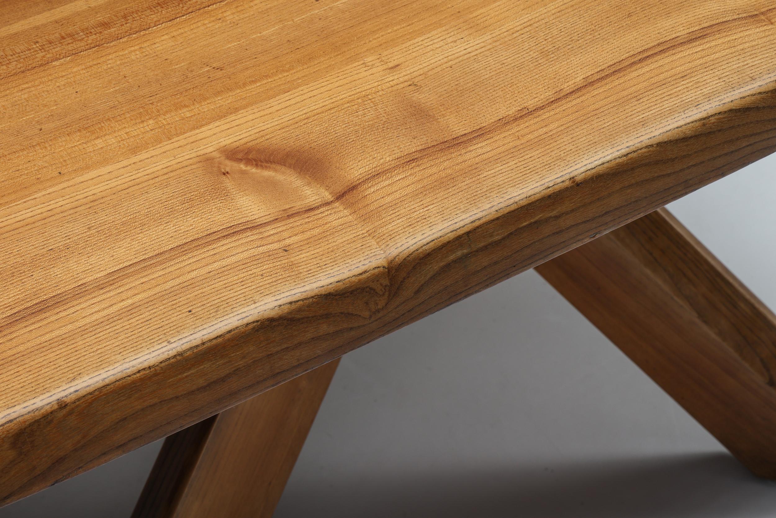 Wood Pierre Chapo Solid Elm Dining Table Model 'T35b', Craftsmanship, France, 1960's For Sale