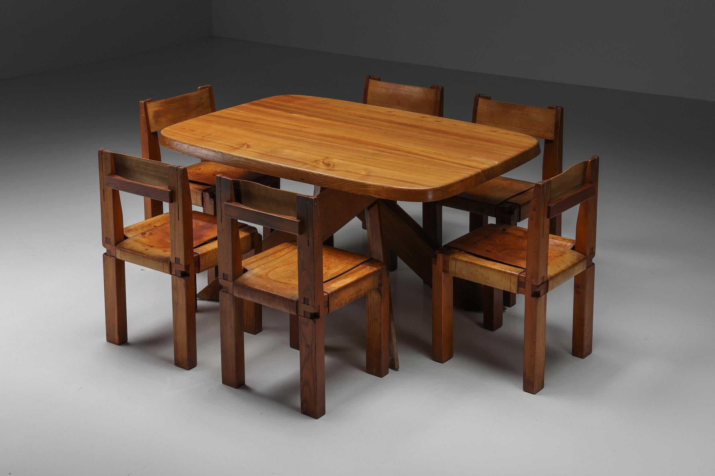 Pierre Chapo Solid Elm Dining Table Model 'T35b', Craftsmanship, France, 1960's For Sale 1