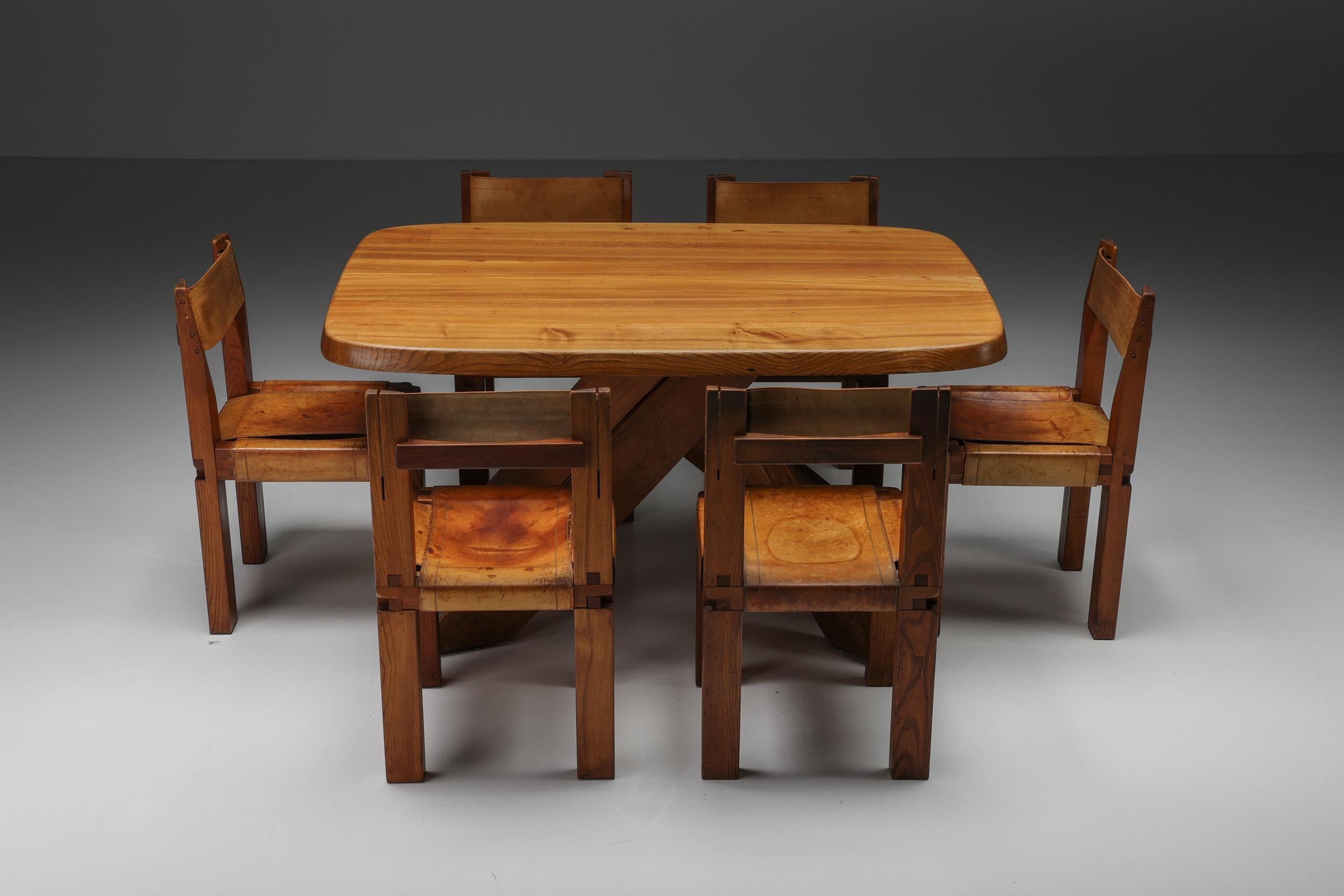 Pierre Chapo Solid Elm Dining Table Model 'T35b', Craftsmanship, France, 1960's For Sale 2