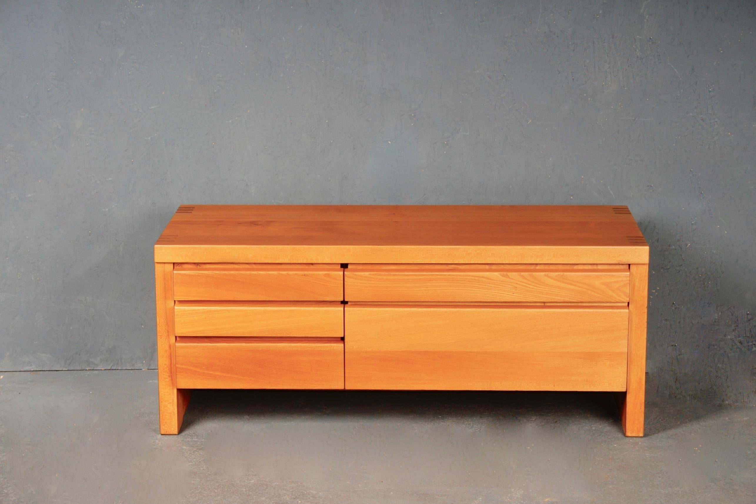 1960''s solid elm French modern low commode reference B14 by Pierre Chapo (1927-1987).