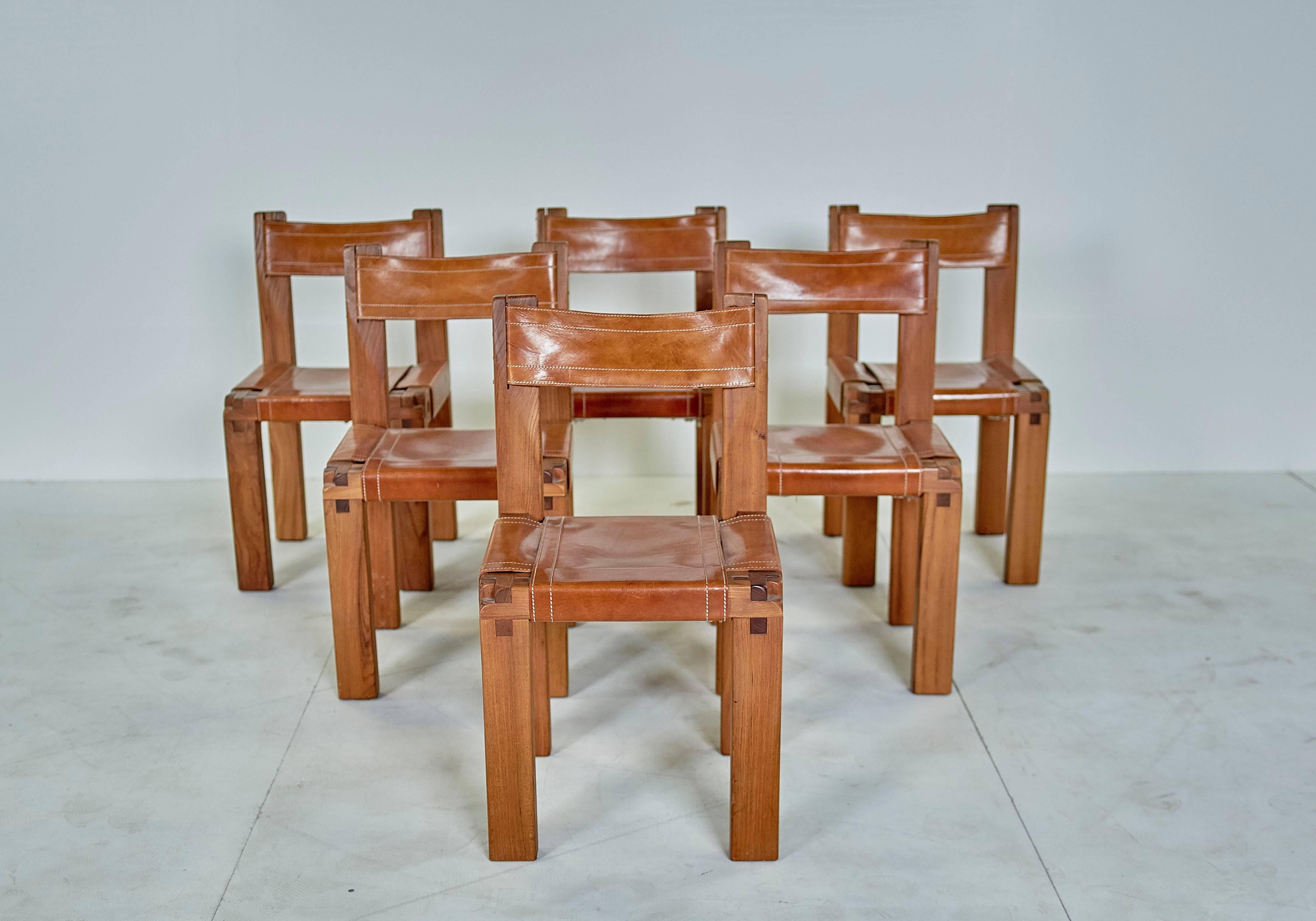 Pierre Chapo Solid Elm Set Table T14d and Six Chairs S11 France, circa 1965 1