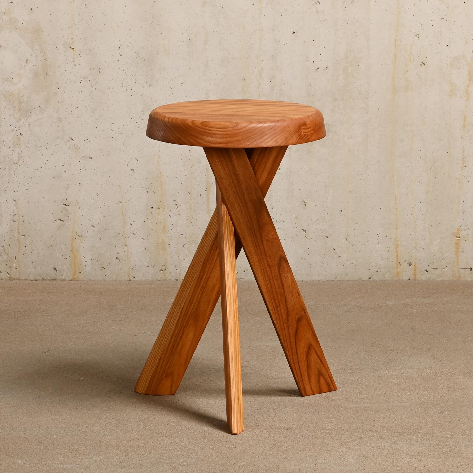 French Pierre Chapo Stool S31b in Solid Elm by Chapo Creation, France