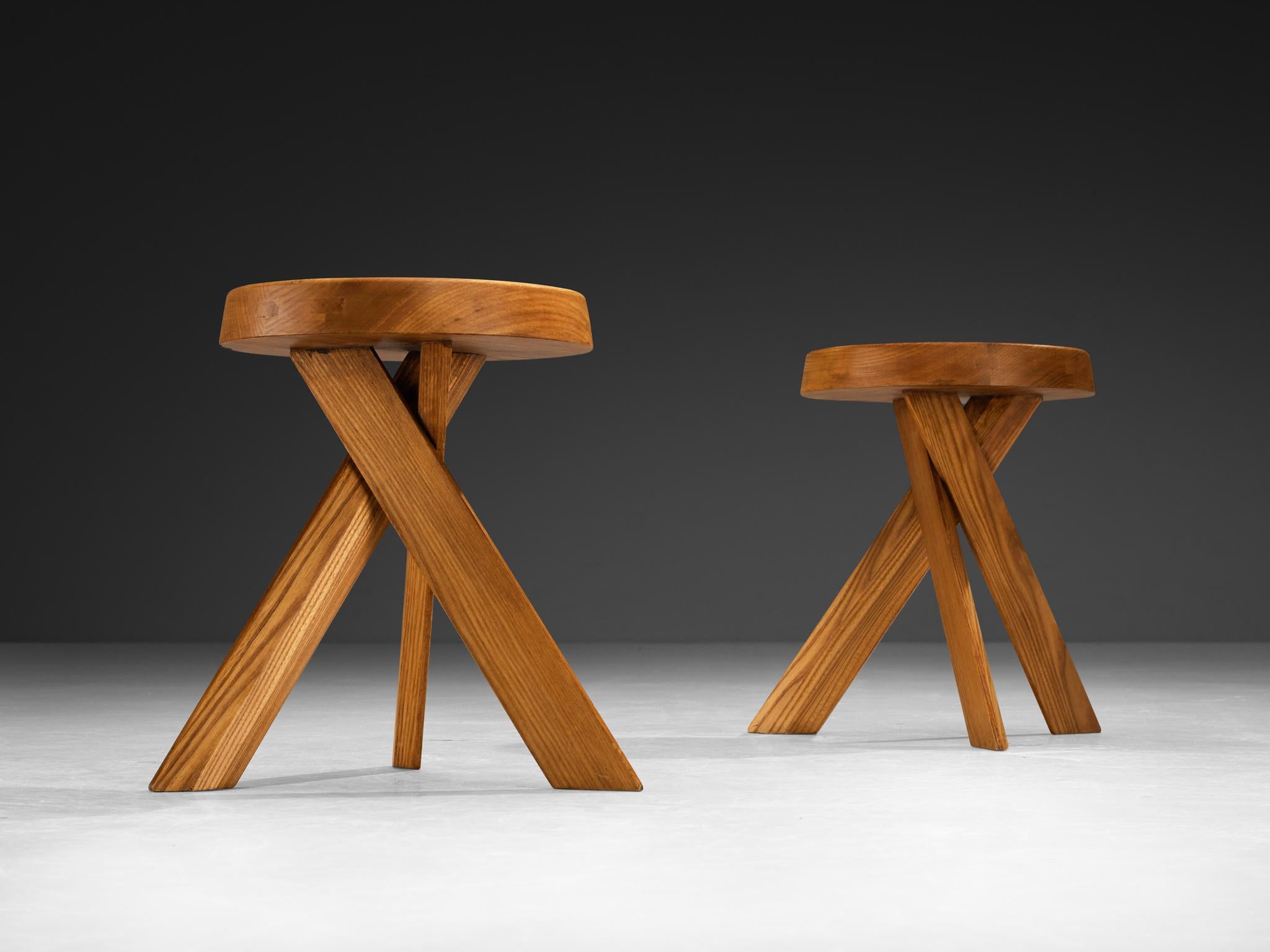 Mid-Century Modern Pierre Chapo Stools 'S13A' in Solid Elm