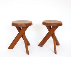 Pierre Chapo Stools Tabourets Pair S31 Elm France c1974 Vintage
