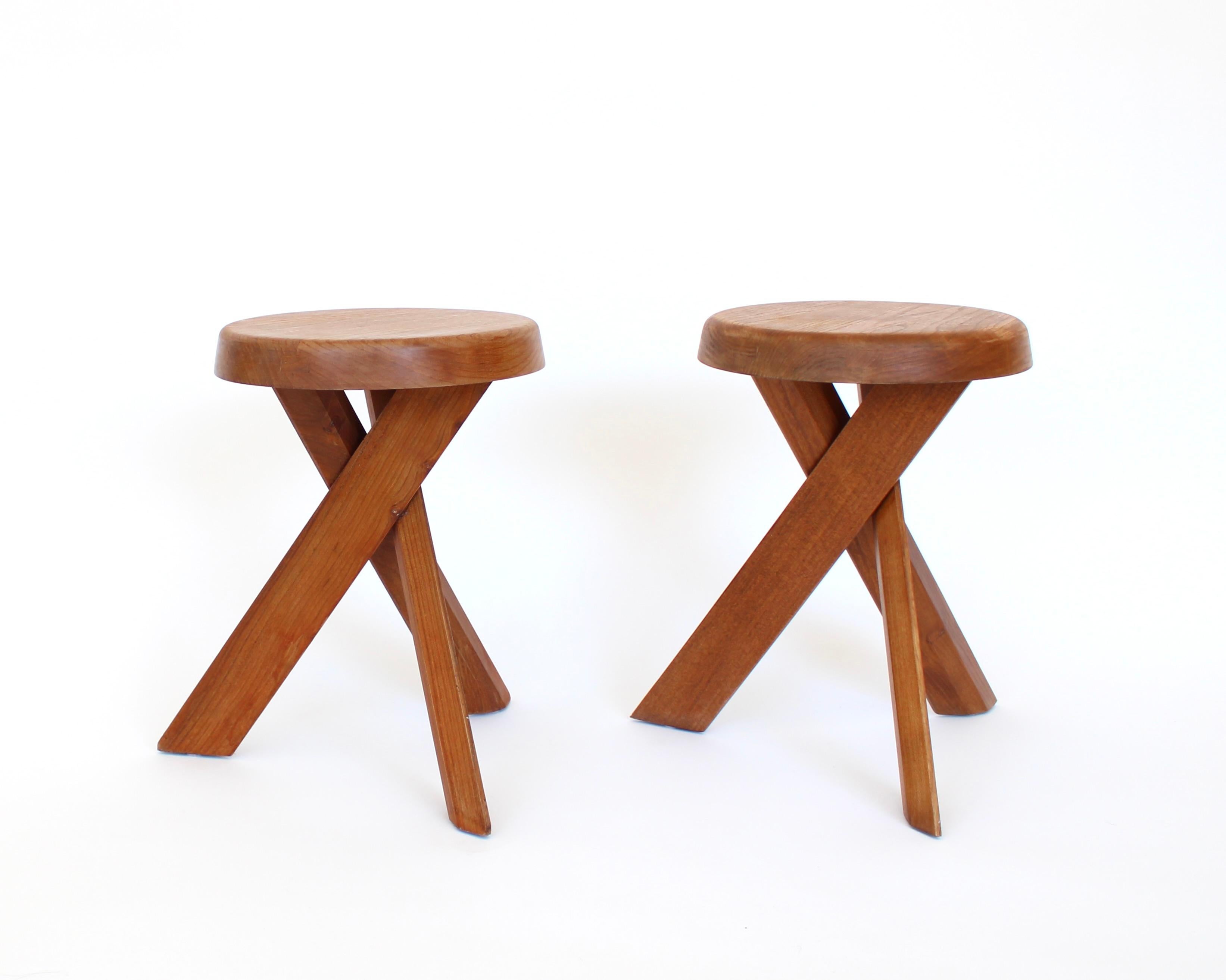 French Pierre Chapo Stools Tabourets Pair S31 Elm France c1974 Vintage For Sale