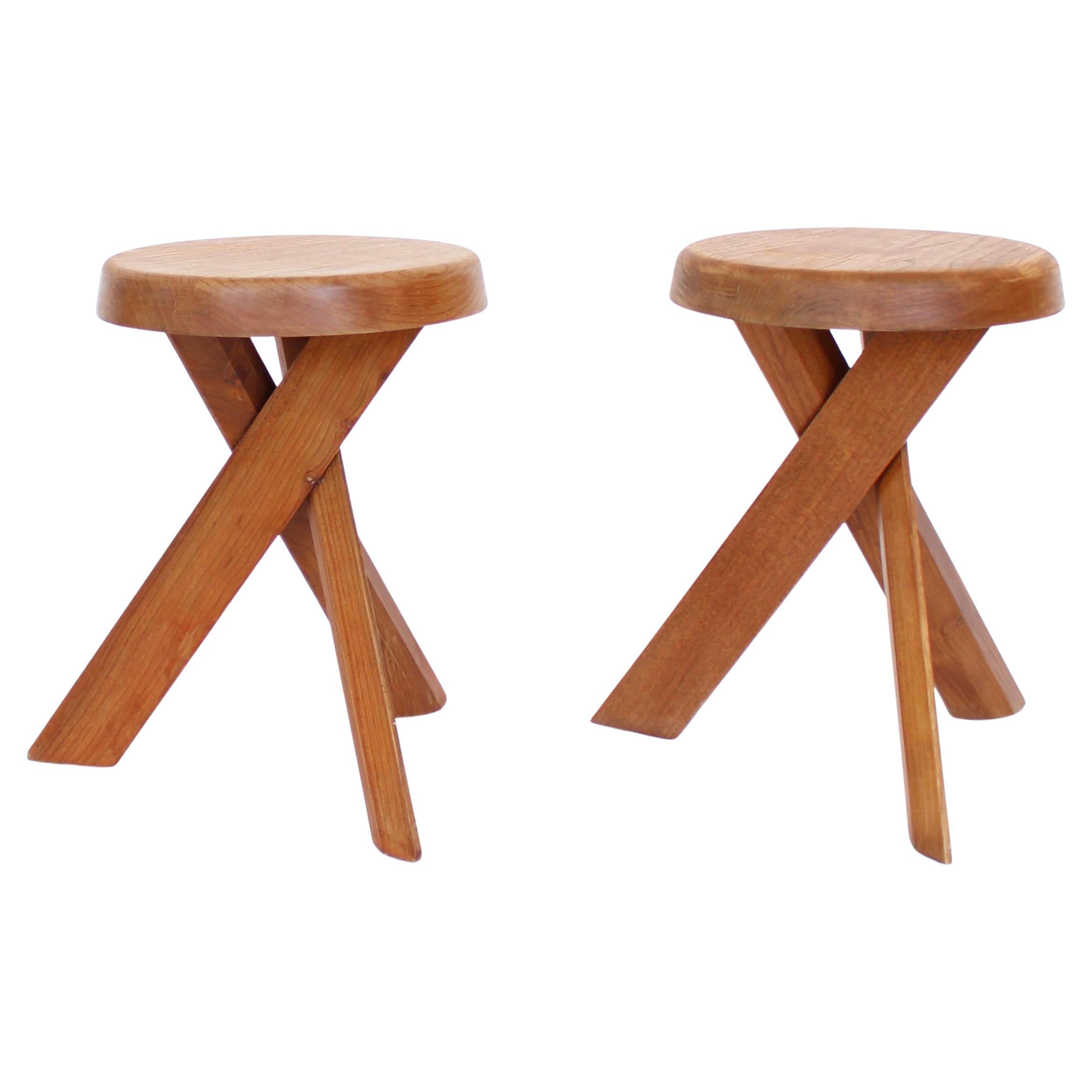 Pierre Chapo Hocker Tabourets Paar S31 Ulme Frankreich c1974 Vintage By