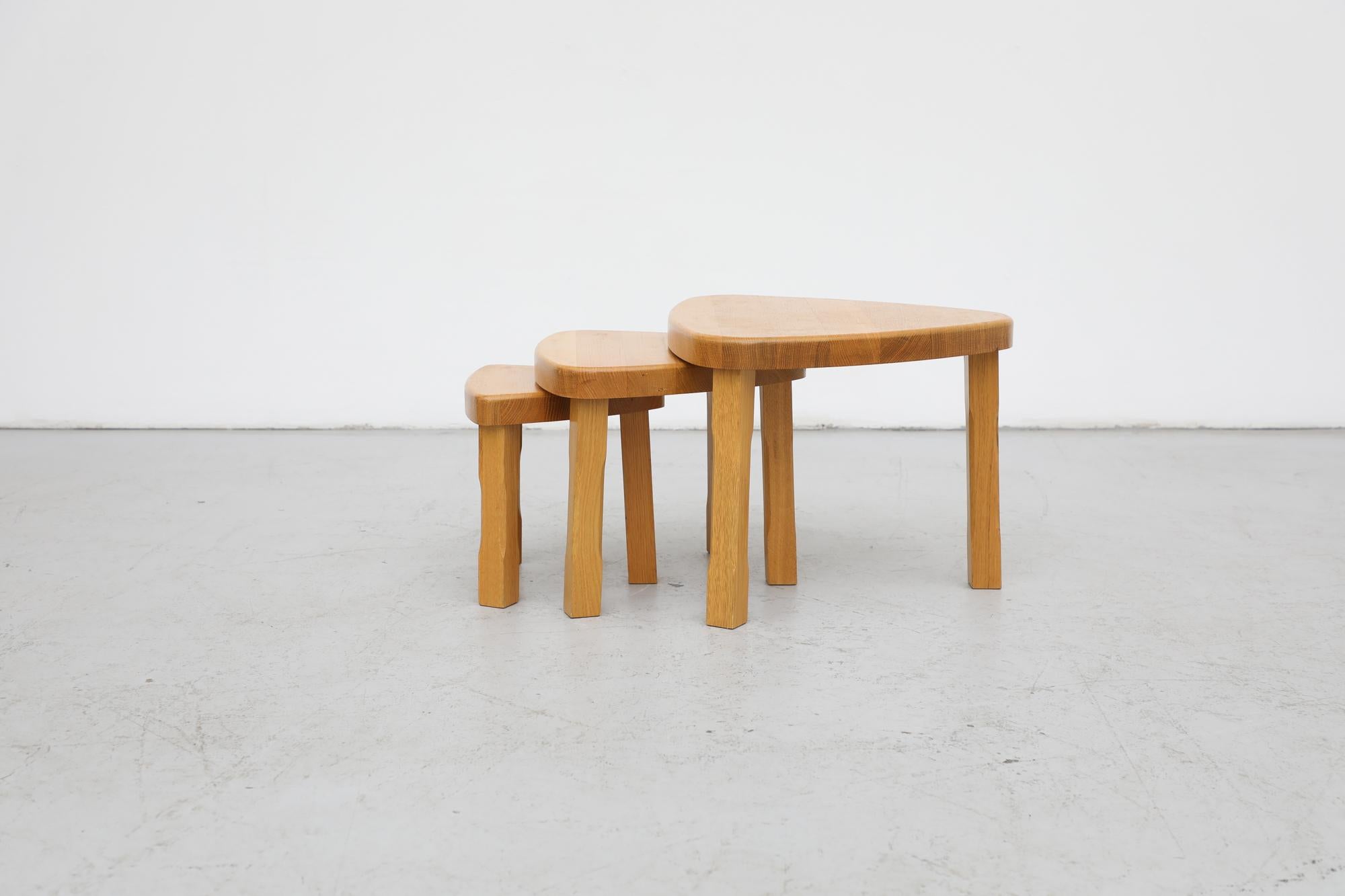 Mid-Century Modern Pierre Chapo Style Brutalist Blonde Oak Triangle Nesting Tables