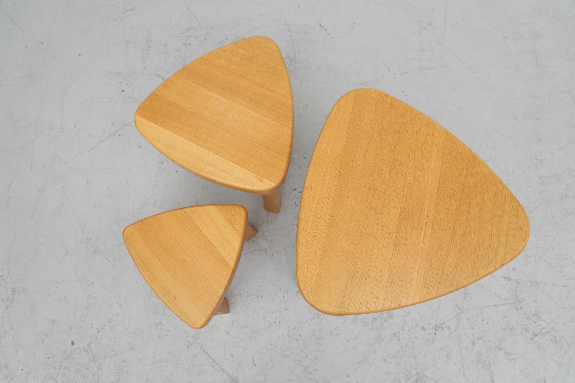 Mid-20th Century Pierre Chapo Style Brutalist Blonde Oak Triangle Nesting Tables