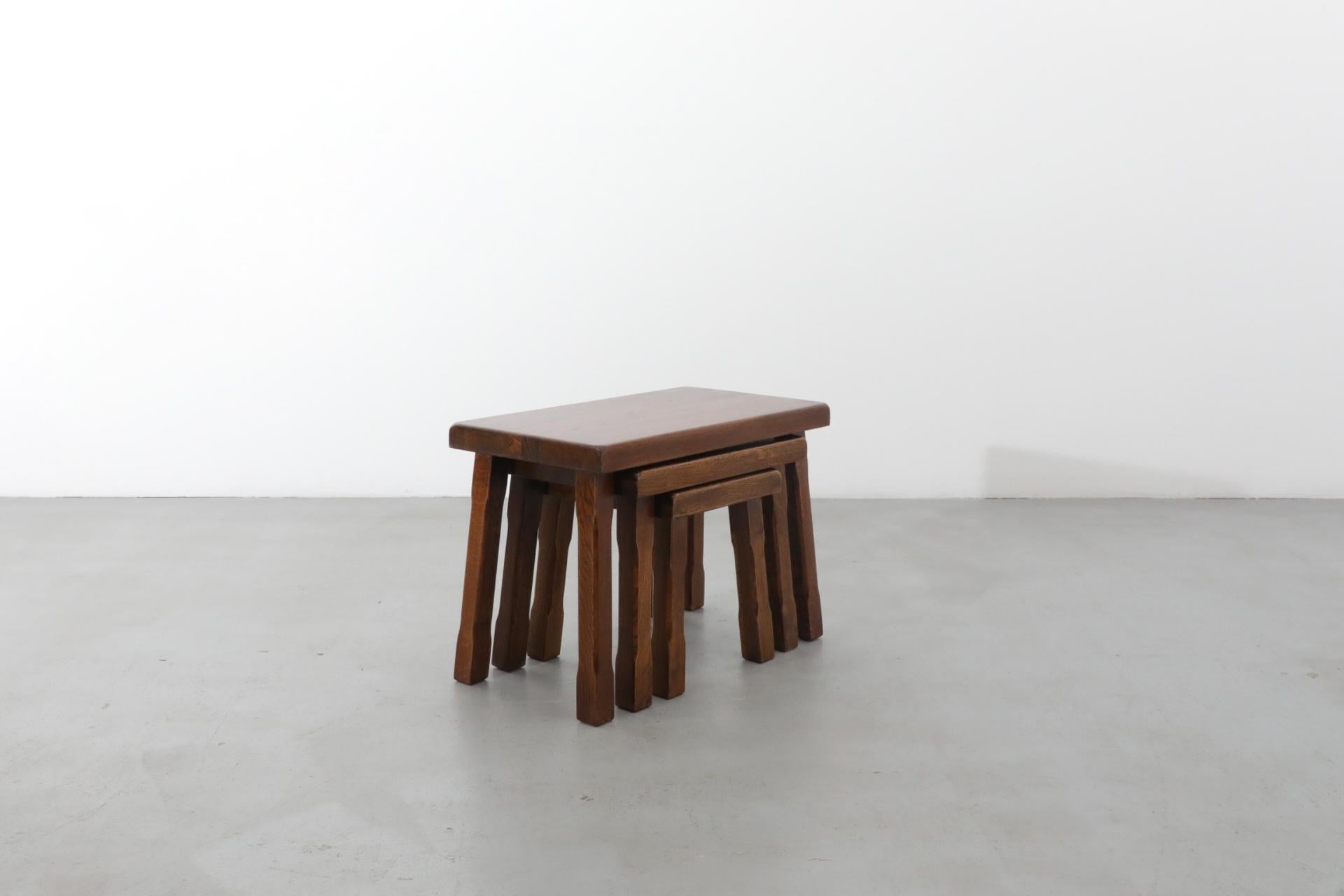 Pierre Chapo Style Brutalist Dark Stained Oak Nesting Tables 5