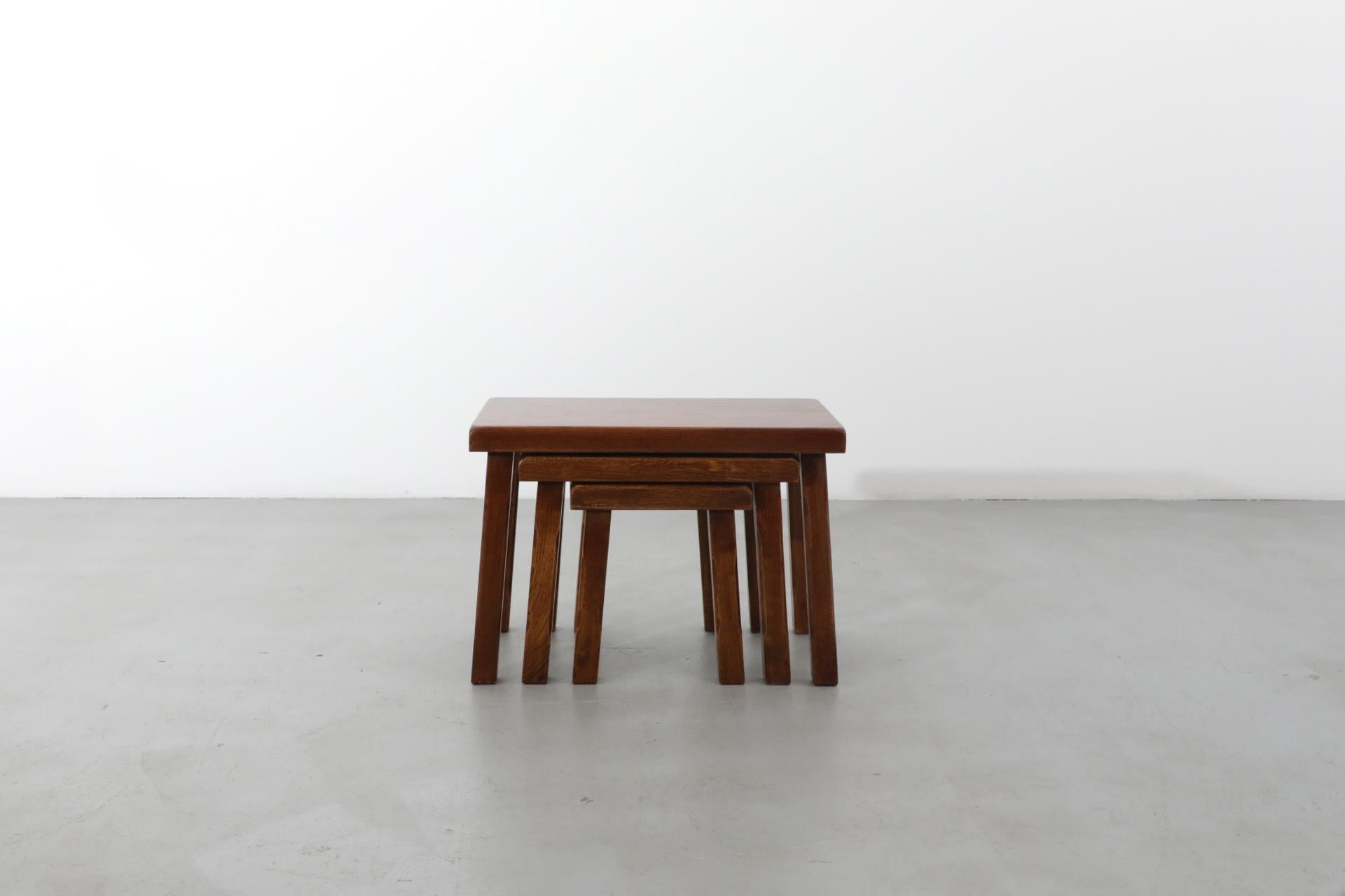Pierre Chapo Style Brutalist Dark Stained Oak Nesting Tables 6