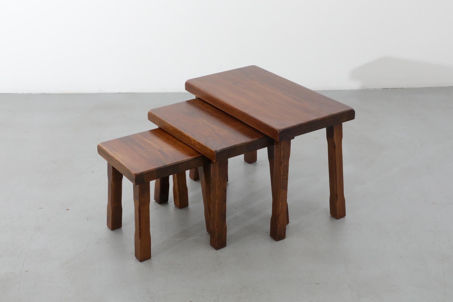 Pierre Chapo Style Brutalist Dark Stained Oak Nesting Tables 7