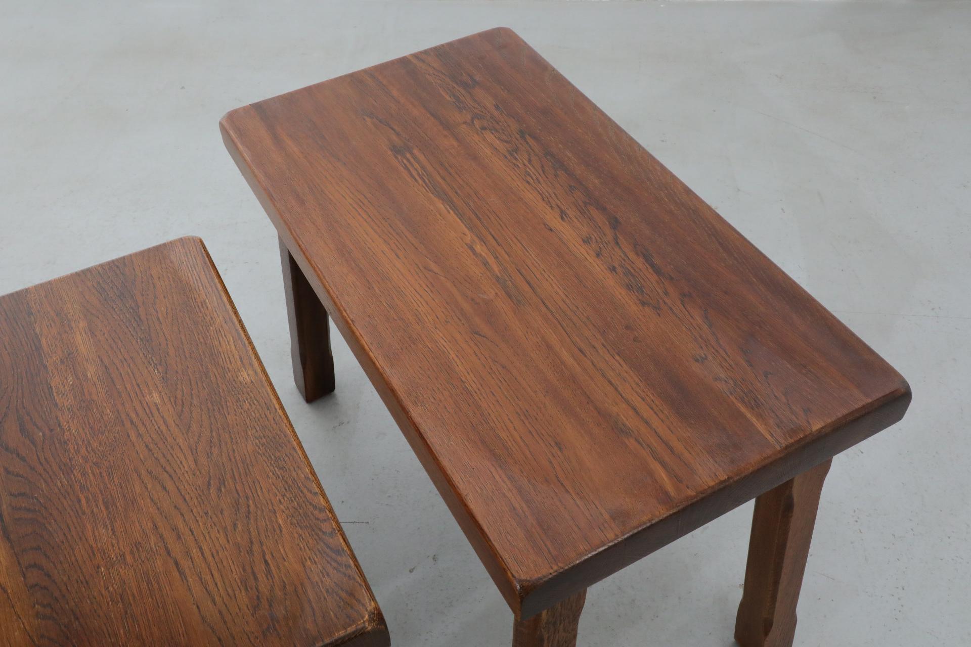 Pierre Chapo Style Brutalist Dark Stained Oak Nesting Tables 8