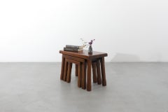 Pierre Chapo Style Brutalist Dark Stained Oak Nesting Tables