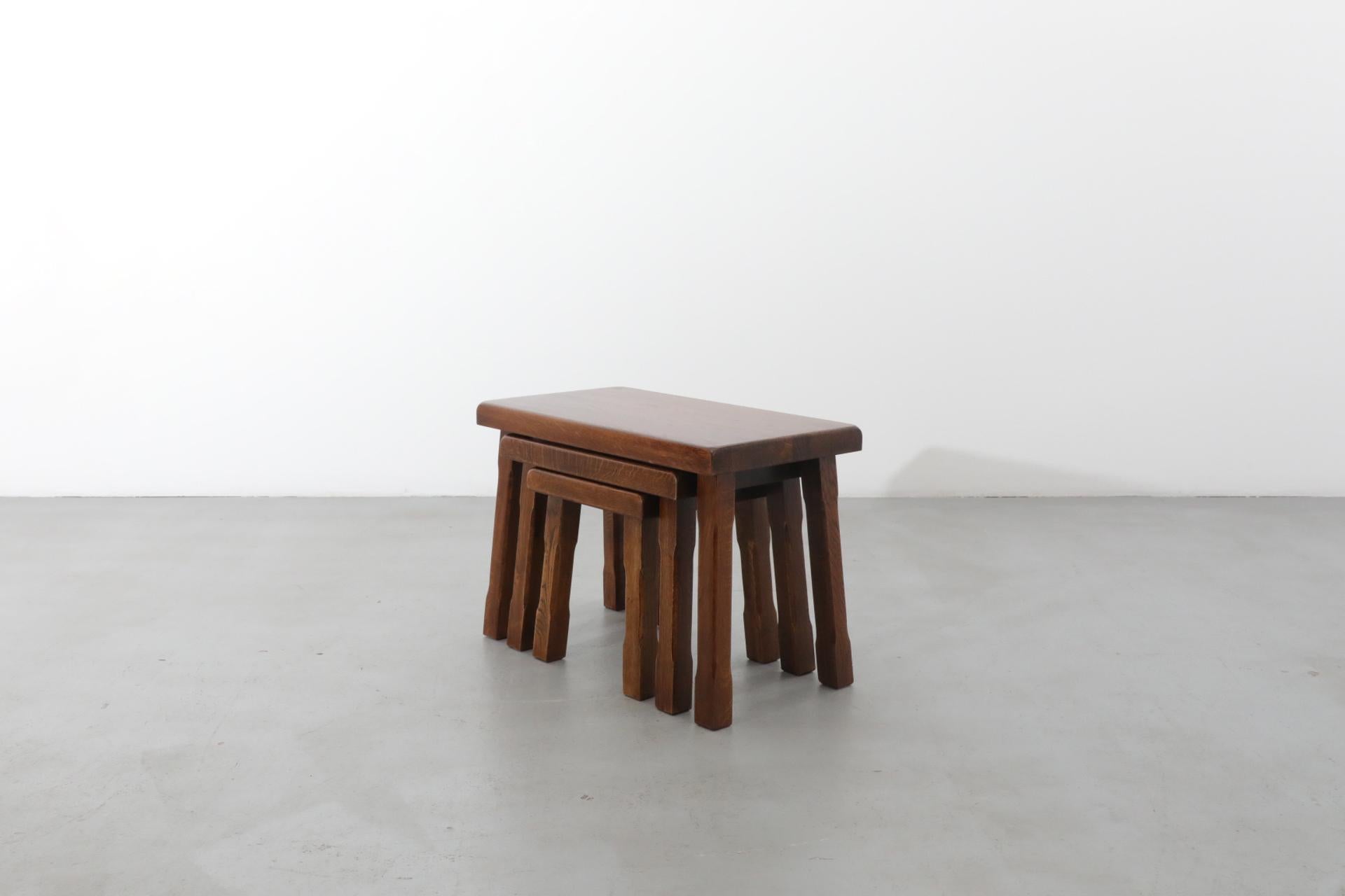 Dutch Pierre Chapo Style Brutalist Dark Stained Oak Nesting Tables