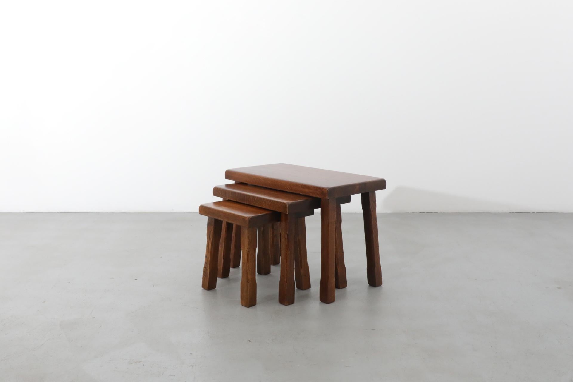 Pierre Chapo Style Brutalist Dark Stained Oak Nesting Tables In Good Condition In Los Angeles, CA