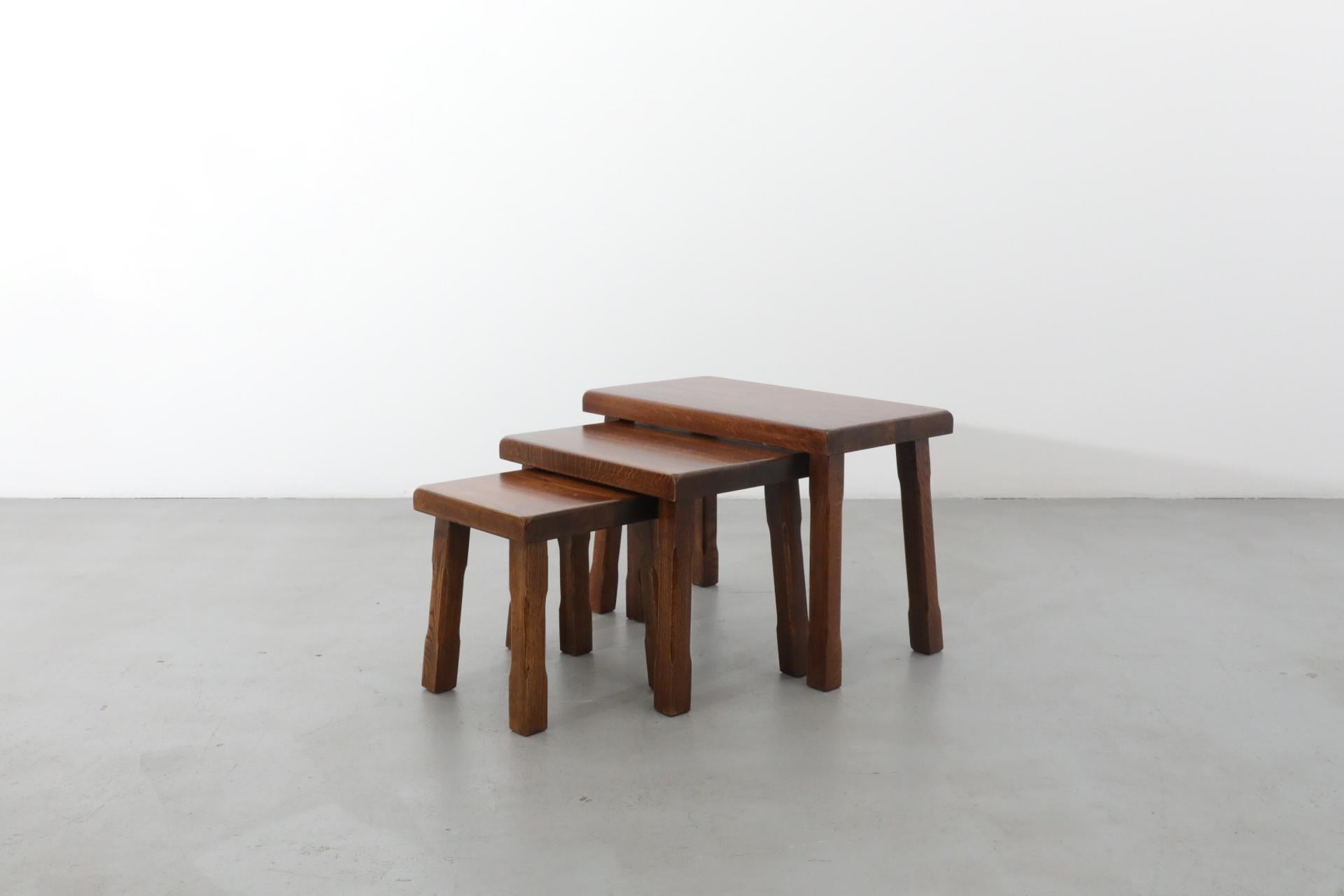 20th Century Pierre Chapo Style Brutalist Dark Stained Oak Nesting Tables