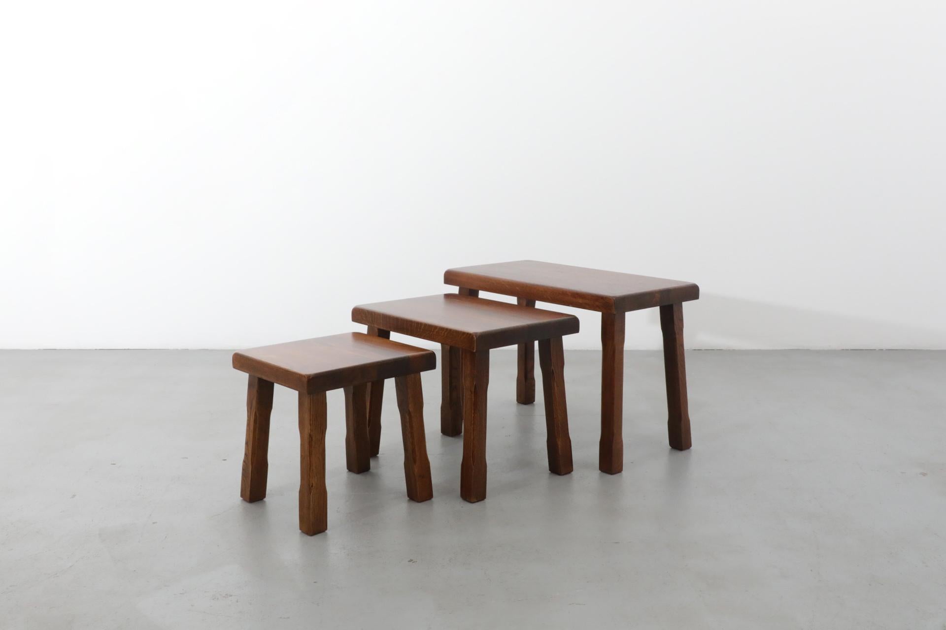 Pierre Chapo Style Brutalist Dark Stained Oak Nesting Tables 1