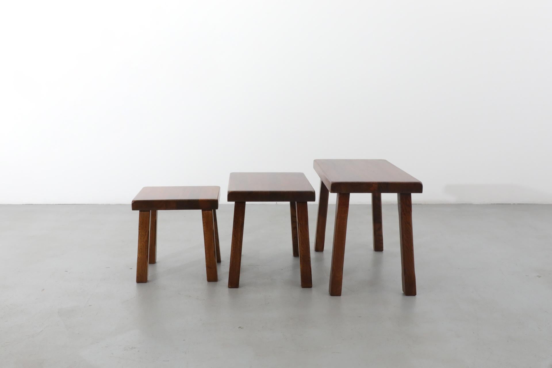 Pierre Chapo Style Brutalist Dark Stained Oak Nesting Tables 2