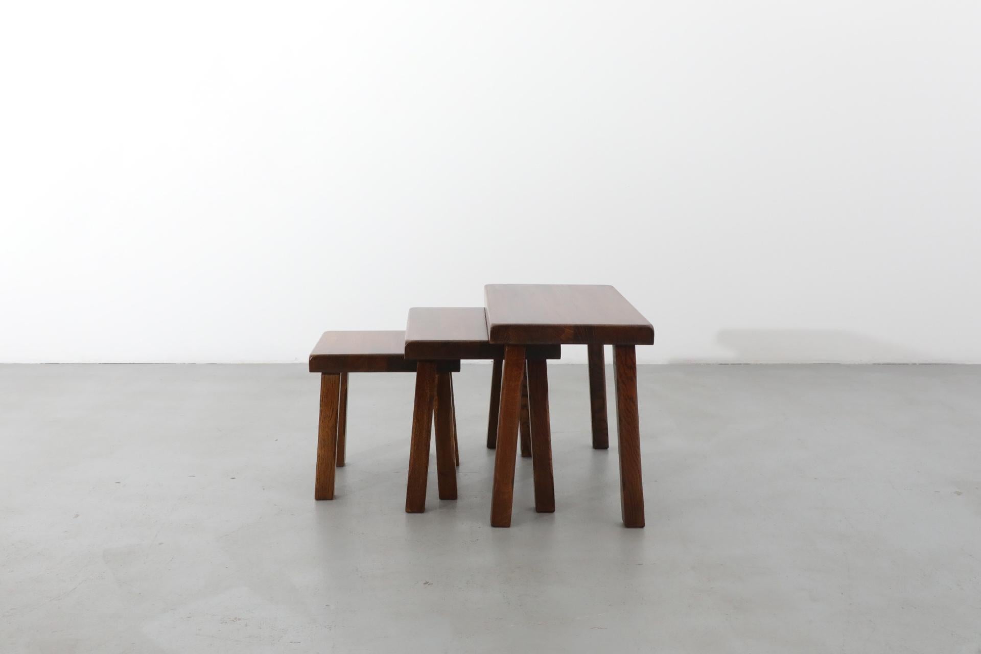 Pierre Chapo Style Brutalist Dark Stained Oak Nesting Tables 3