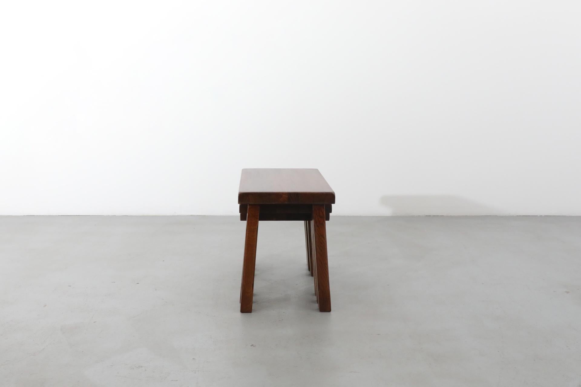 Pierre Chapo Style Brutalist Dark Stained Oak Nesting Tables 4