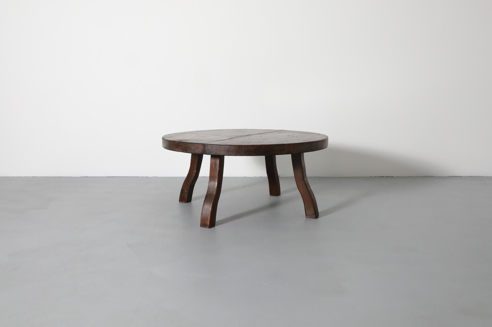 Pierre Chapo Style Brutalist Oak Coffee Table with Curved Legs 10