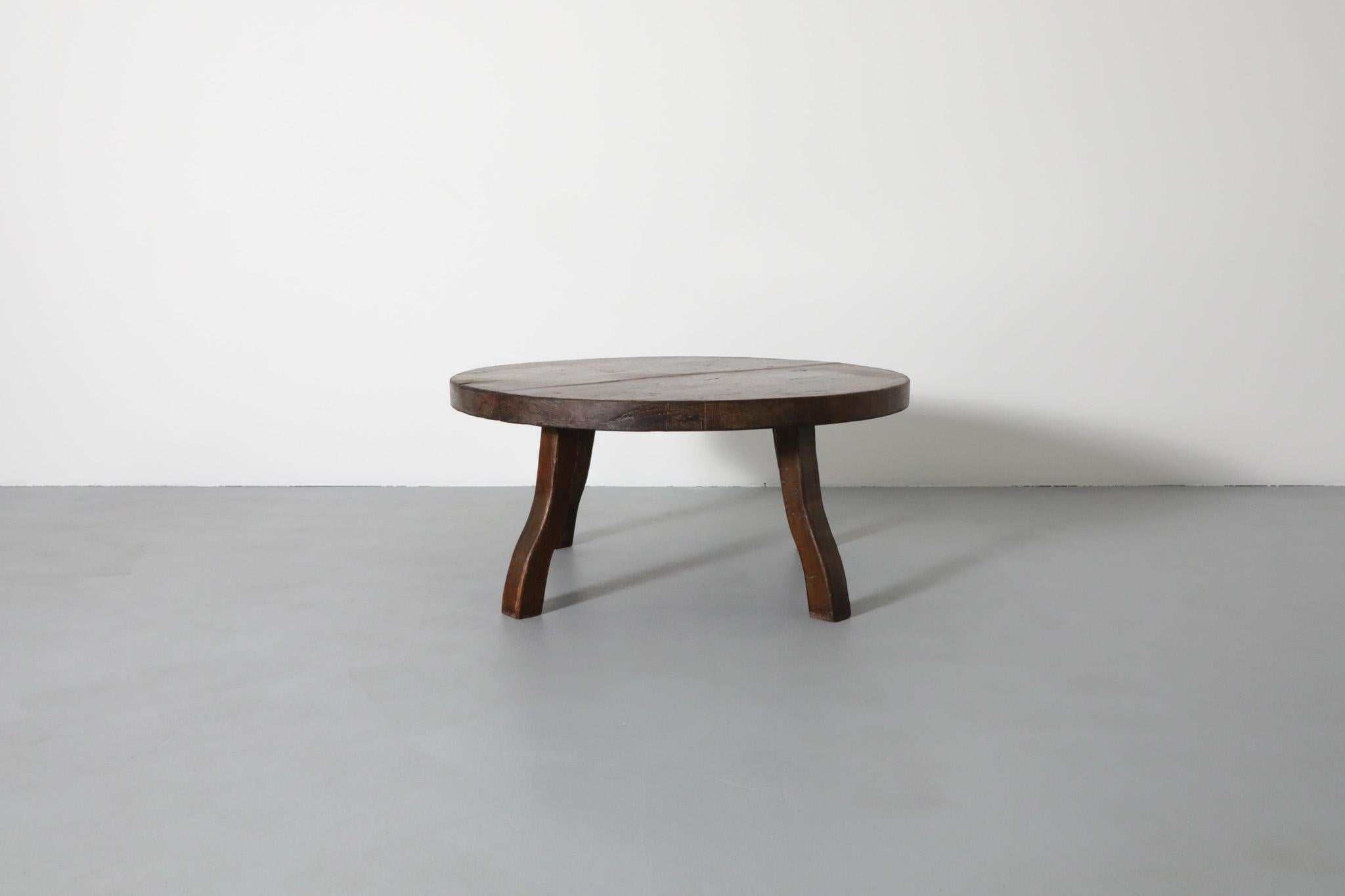 Dutch Pierre Chapo Style Brutalist Oak Coffee Table with Curved Legs