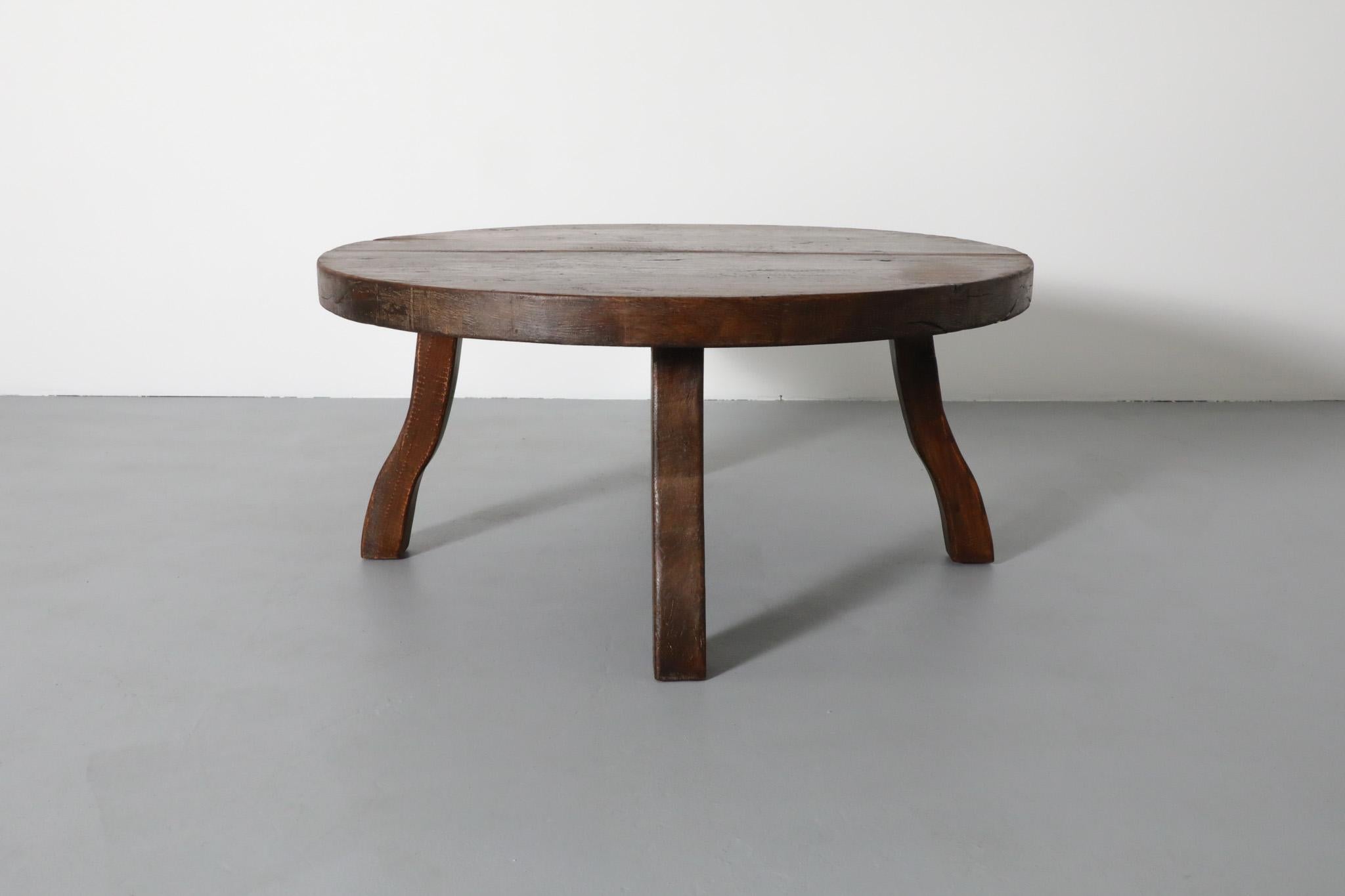 Pierre Chapo Style Brutalist Oak Coffee Table with Curved Legs 1