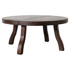 Antique Pierre Chapo Style Brutalist Oak Coffee Table with Curved Legs