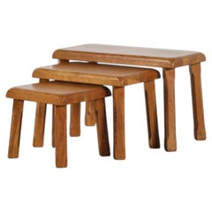 Pierre Chapo Style Brutalist Oak Rectangular Nesting Tables