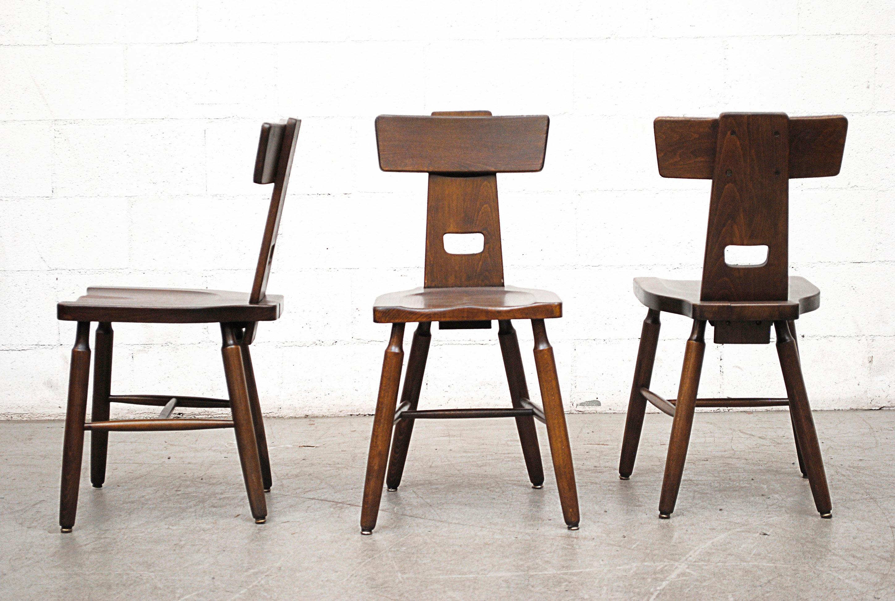 Pierre Chapo style Brutalist t-back dark oak plank dining chairs with cut-out detail. Lightly refinished, in original condition with wear consistent with their age and usage. Other similar chairs available and listed separately (LU922413828991 +