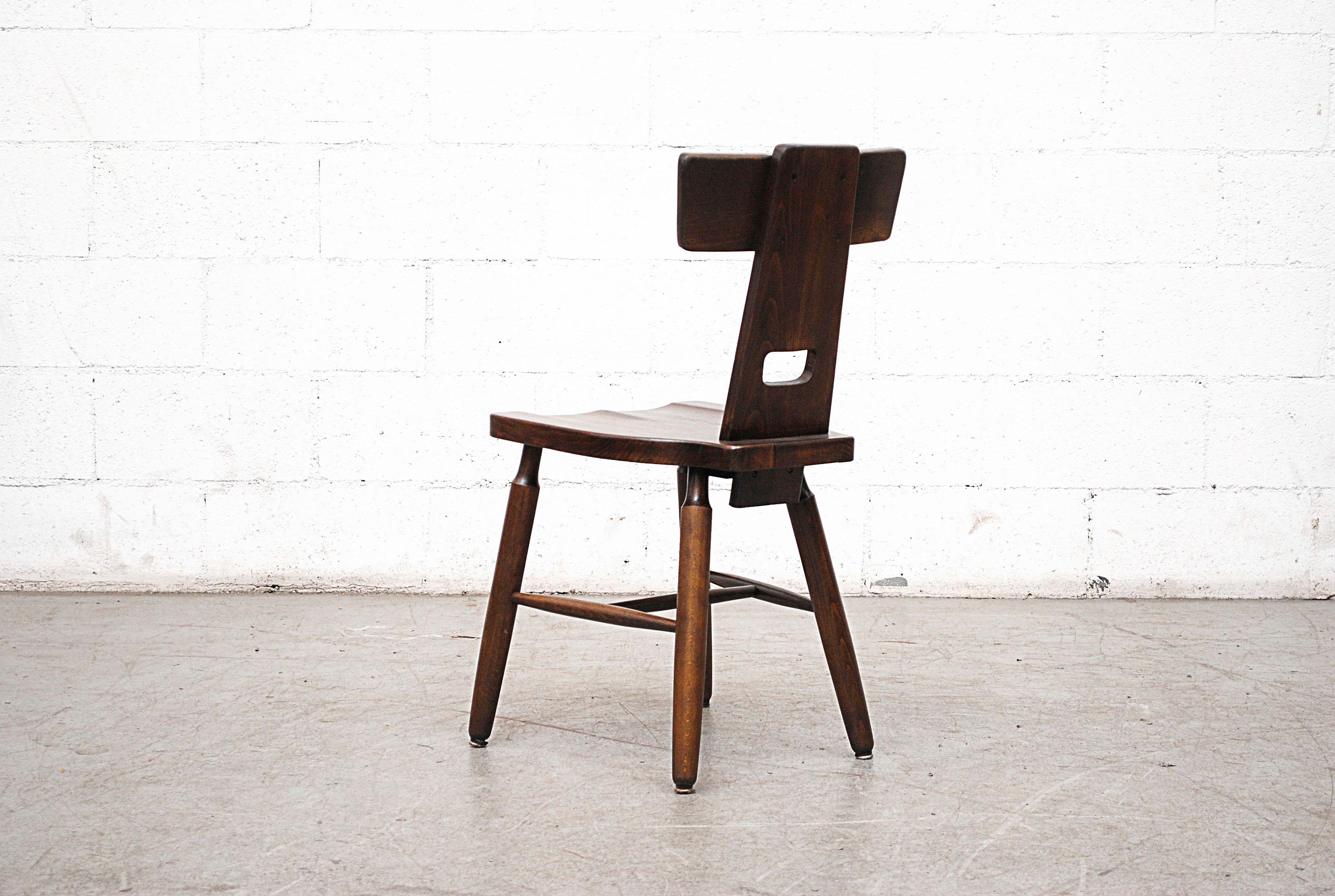 Mid-Century Modern Pierre Chapo Style Brutalist Oak T-Back Dining Chairs