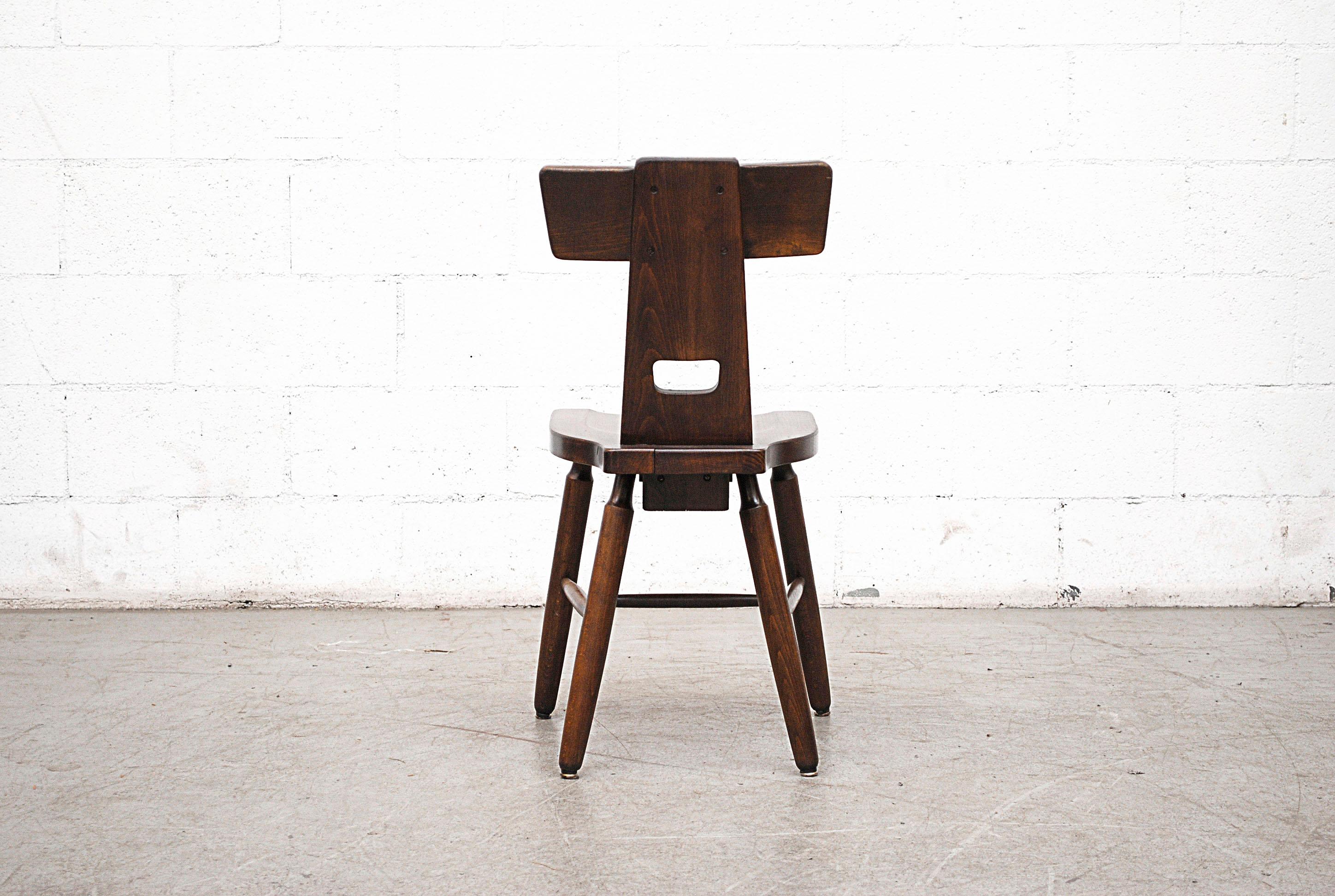 Dutch Pierre Chapo Style Brutalist Oak T-Back Dining Chairs