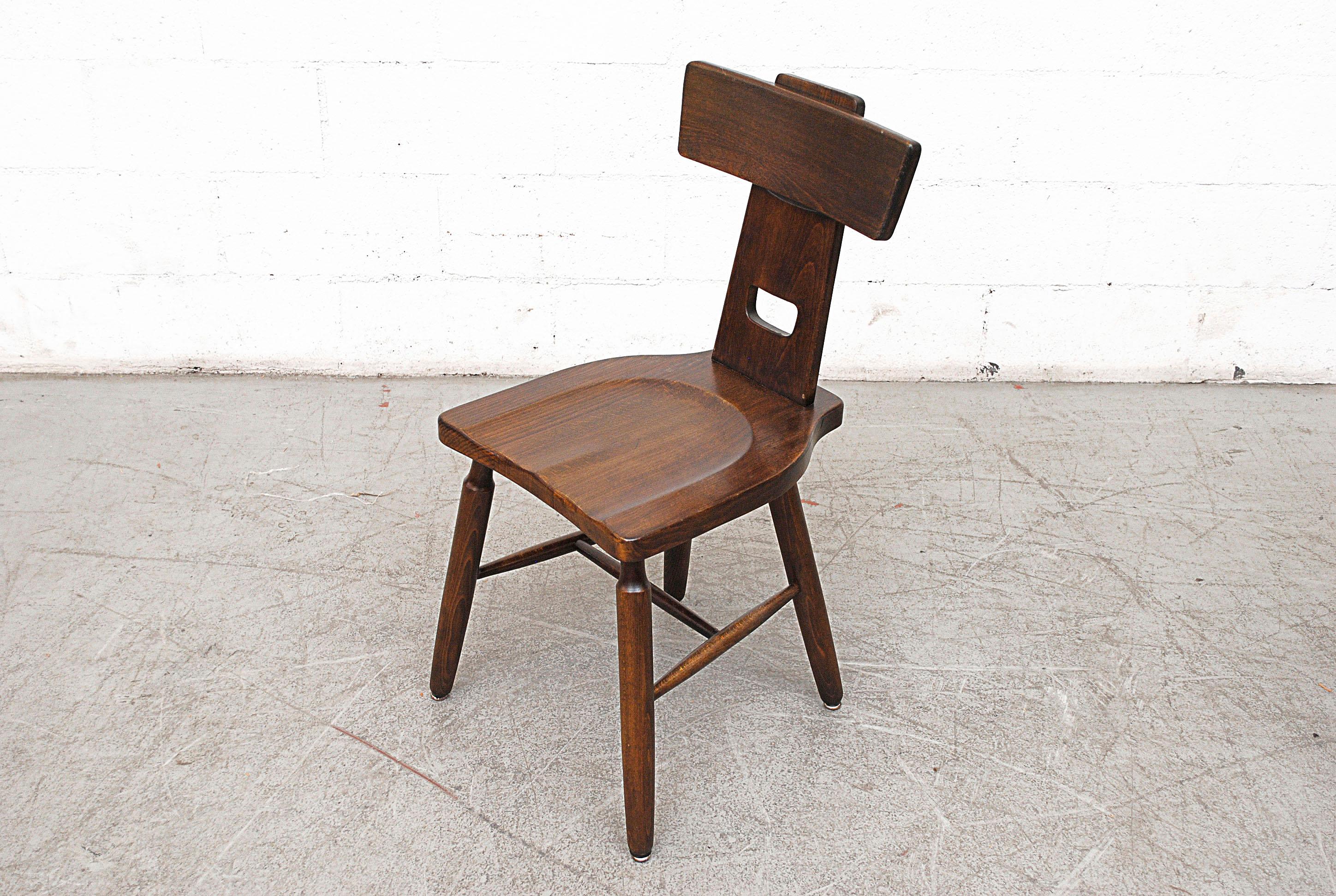 Pierre Chapo Style Brutalist Oak T-Back Dining Chairs In Good Condition In Los Angeles, CA