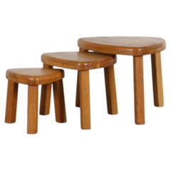 Pierre Chapo Style Brutalist Oak Triangle Nesting Tables
